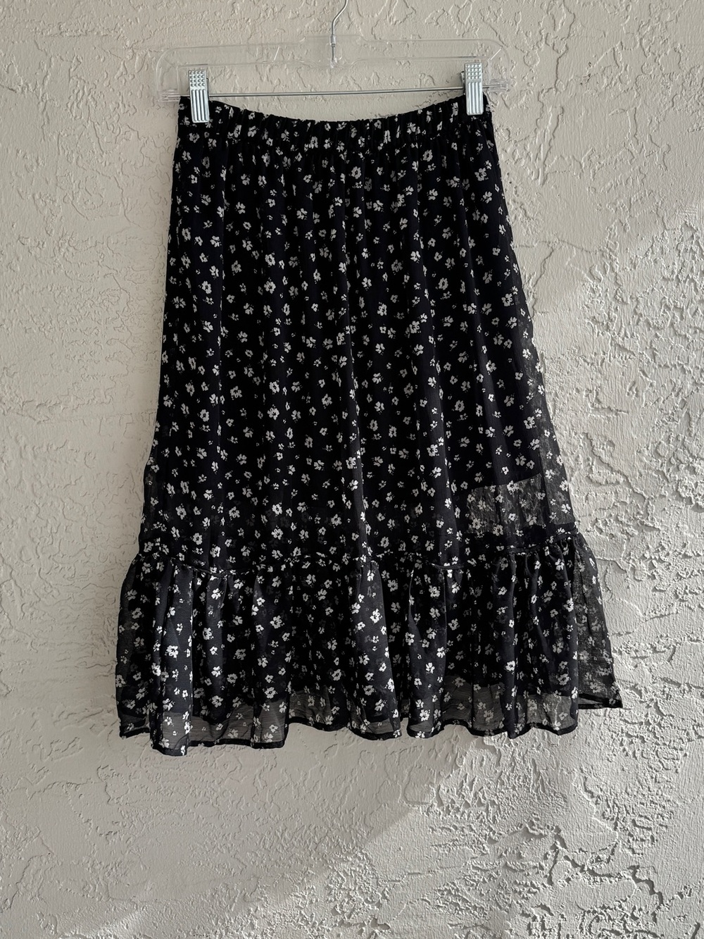 H&M Black and White Floral Ruffle Midi Skirt